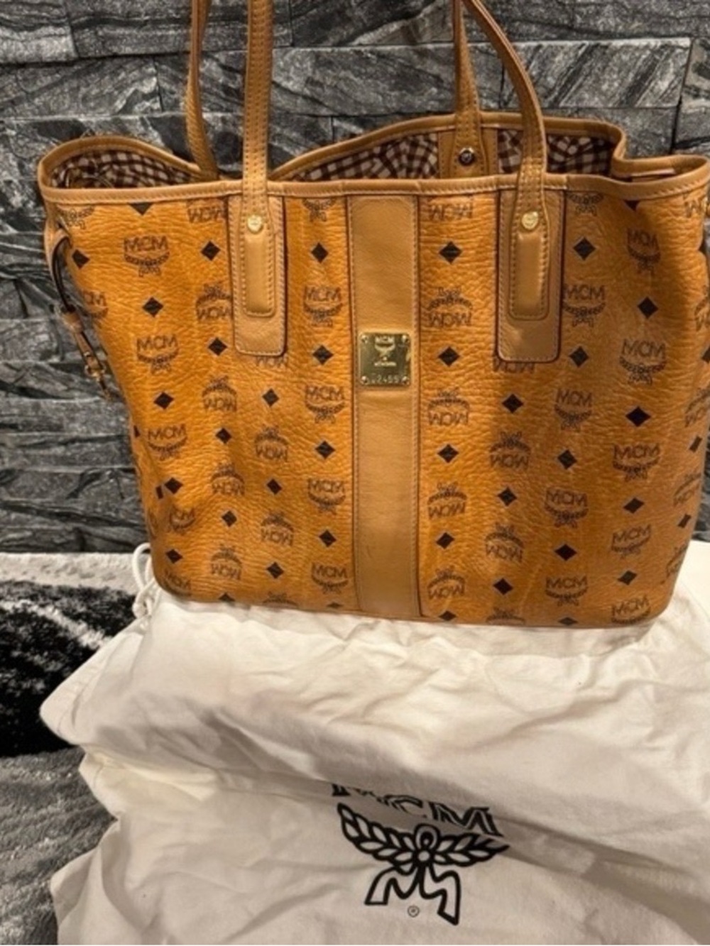 MCM Cognac Logo Canvas Tote with Gold Plaque